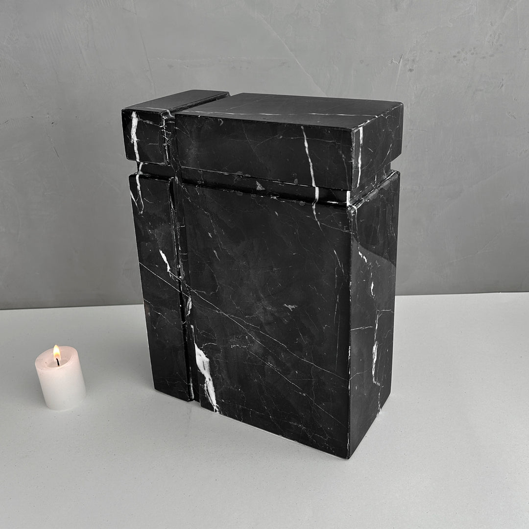 Black Marble Individual Urn for Ashes, Handcrafted Memorial Urn for Loved Ones, Timeless Natural Stone Urn.